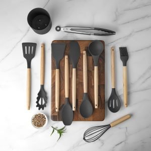 KSENDALO 12-Piece Small Silicone Kitchen Utensils Set with Holder, Black Cooking Tools with Wooden Handles, Heat Resistant & Non-Scratch Utensils for Cooking and Baking (Worldwide Free Shipping)