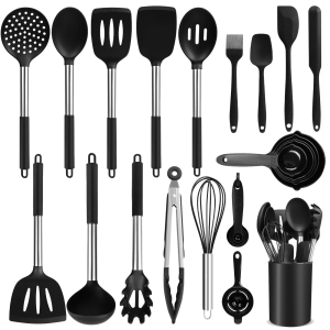 KSENDALO 26-Piece Silicone Cooking Utensils Set – Heat-Resistant BPA-Free Kitchen Tools with Stainless Steel Handles, Utensil Holder, Baking Gadgets, Dishwasher Safe – Black (Free Shipping Worldwide)