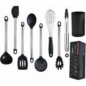 KSENDALO 9-Piece Silicone Cooking Utensils Kitchen Utensils  Set with Holder – Heat Resistant Nonstick Kitchen Tool Set (BPA-Free, Black)
