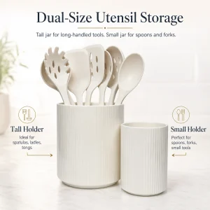 KSENDALO 2-Pack White Ceramic Utensil Holder Set (7″ & 4.5″) – Farmhouse Ribbed Kitchen Counter Storage Jars, Multi-Purpose Crock & Vase Organizer (White)