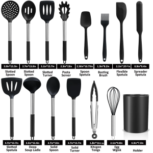 KSENDALO 26-Piece Silicone Cooking Utensils Set – Heat-Resistant BPA-Free Kitchen Tools with Stainless Steel Handles, Utensil Holder, Baking Gadgets, Dishwasher Safe – Black (Free Shipping Worldwide)