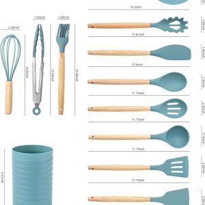 KSENDALO Silicone Cooking Utensils Set, Aqua 12-Piece Kitchen Tools with Holder – Wooden Handle Spatula, Spoon, Turner, Whisk & Tongs, Non-Scratch Heat Resistant for Cooking, Baking & Frying (Worldwide Free Shipping)