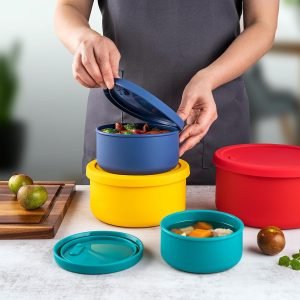 KSENDALO Silicone Food Storage Containers with Lids, Set of 4 (71oz/44oz/23.6oz/13.5oz) – Reusable, Leakproof, Nestable Bowls for Meal Prep, Lunch Box, Travel, Camping, BPA-Free, Multicolor, Microwave & Dishwasher Safe (Free Shipping Worldwide)