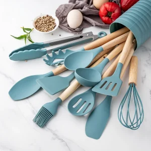 KSENDALO 12-Piece Small Silicone Cooking Utensils Set with Aqua Holder – Nonstick Kitchen Tools with Wooden Handles