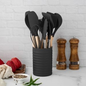 KSENDALO 12-Piece Small Silicone Kitchen Utensils Set with Holder, Black Cooking Tools with Wooden Handles, Heat Resistant & Non-Scratch Utensils for Cooking and Baking (Worldwide Free Shipping)