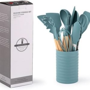 KSENDALO Silicone Cooking Utensils Set, Aqua 12-Piece Kitchen Tools with Holder – Wooden Handle Spatula, Spoon, Turner, Whisk & Tongs, Non-Scratch Heat Resistant for Cooking, Baking & Frying (Worldwide Free Shipping)
