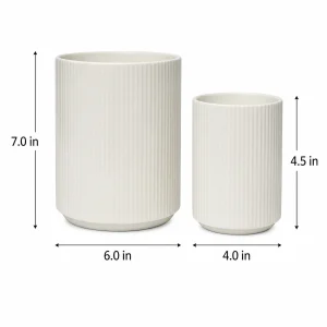KSENDALO 2-Pack White Ceramic Utensil Holder Set (7″ & 4.5″) – Farmhouse Ribbed Kitchen Counter Storage Jars, Multi-Purpose Crock & Vase Organizer (White)