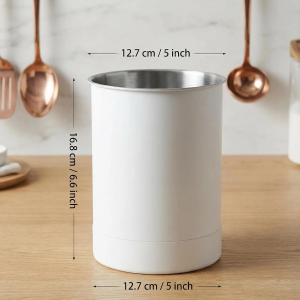 KSENDALO Stainless Steel Utensil Holder Set of 3 – Heavy Duty Kitchen Countertop Organizer, 6.6″ Tall Metal Crock for Spoons, Spatulas & Silverware – White (Free Worldwide Shipping)