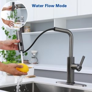 STANFORD Matte Gray Kitchen Faucet with Pull Down Sprayer – Stainless Steel, 3 Spray Modes, 59” Hose, 360° Swivel, Single Handle, Deck Plate Included (Free Shipping Worldwide)