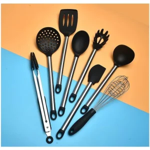 KSENDALO 9-Piece Silicone Cooking Utensils Kitchen Utensils  Set with Holder – Heat Resistant Nonstick Kitchen Tool Set (BPA-Free, Black)