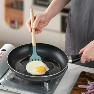 KSENDALO 12-Piece Small Silicone Cooking Utensils Set with Aqua Holder – Nonstick Kitchen Tools with Wooden Handles
