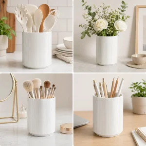KSENDALO 2-Pack White Ceramic Utensil Holder Set (7″ & 4.5″) – Farmhouse Ribbed Kitchen Counter Storage Jars, Multi-Purpose Crock & Vase Organizer (White)