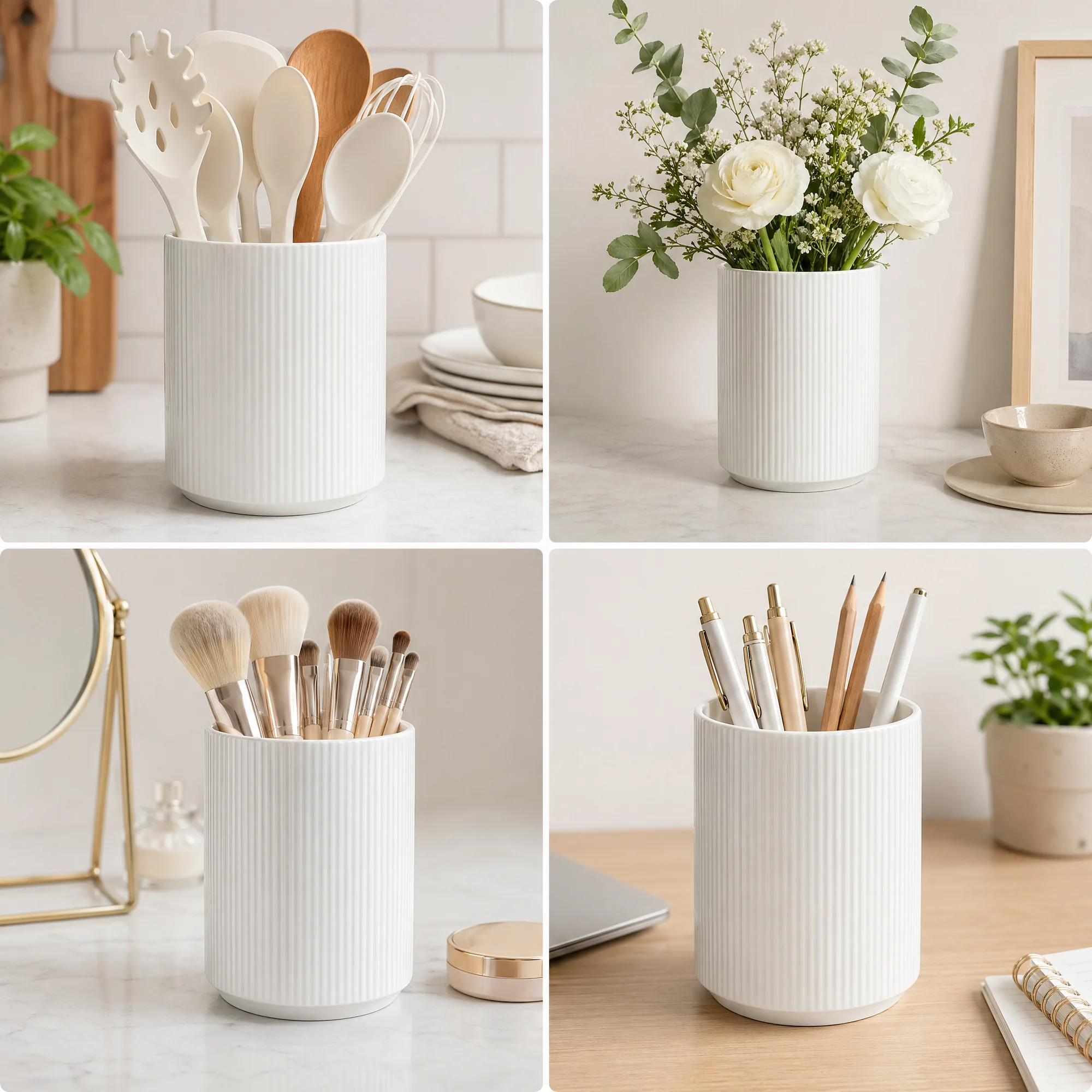 KSENDALO 2-Pack White Ceramic Utensil Holder Set (7″ & 4.5″) – Farmhouse Ribbed Kitchen Counter Storage Jars, Multi-Purpose Crock & Vase Organizer (White)