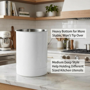 KSENDALO Stainless Steel Utensil Holder Set of 3 – Heavy Duty Kitchen Countertop Organizer, 6.6″ Tall Metal Crock for Spoons, Spatulas & Silverware – White (Free Worldwide Shipping)