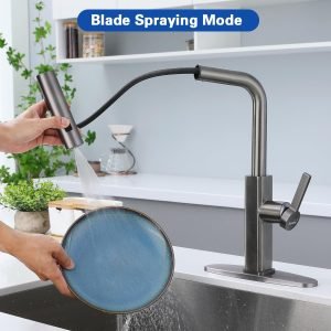 STANFORD Matte Gray Kitchen Faucet with Pull Down Sprayer – Stainless Steel, 3 Spray Modes, 59” Hose, 360° Swivel, Single Handle, Deck Plate Included (Free Shipping Worldwide)