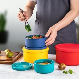 KSENDALO Silicone Food Storage Containers with Lids, Set of 4 (71oz/44oz/23.6oz/13.5oz) – Reusable, Leakproof, Nestable Bowls for Meal Prep, Lunch Box, Travel, Camping, BPA-Free, Multicolor, Microwave & Dishwasher Safe (Free Shipping Worldwide)