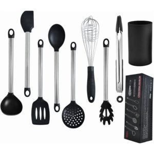 KSENDALO 9-Piece Silicone Cooking Utensils Kitchen Utensils  Set with Holder – Heat Resistant Nonstick Kitchen Tool Set (BPA-Free, Black)