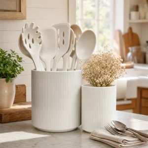 KSENDALO 2-Pack White Ceramic Utensil Holder Set (7″ & 4.5″) – Farmhouse Ribbed Kitchen Counter Storage Jars, Multi-Purpose Crock & Vase Organizer (White)
