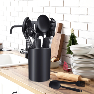 KSENDALO 26-Piece Silicone Cooking Utensils Set – Heat-Resistant BPA-Free Kitchen Tools with Stainless Steel Handles, Utensil Holder, Baking Gadgets, Dishwasher Safe – Black (Free Shipping Worldwide)