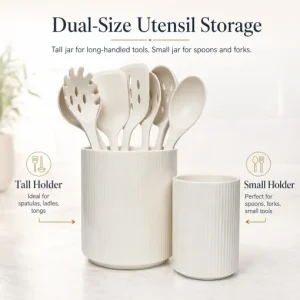 KSENDALO 2-Pack White Ceramic Utensil Holder Set (7″ & 4.5″) – Farmhouse Ribbed Kitchen Counter Storage Jars, Multi-Purpose Crock & Vase Organizer (White)
