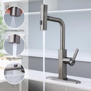 STANFORD Matte Gray Kitchen Faucet with Pull Down Sprayer – Stainless Steel, 3 Spray Modes, 59” Hose, 360° Swivel, Single Handle, Deck Plate Included (Free Shipping Worldwide)