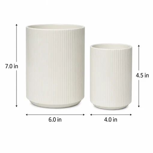 KSENDALO 2-Pack White Ceramic Utensil Holder Set (7″ & 4.5″) – Farmhouse Ribbed Kitchen Counter Storage Jars, Multi-Purpose Crock & Vase Organizer (White)