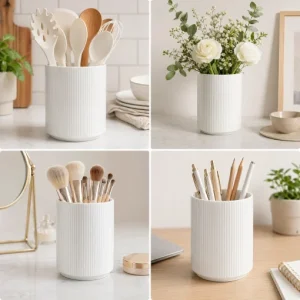 KSENDALO 2-Pack White Ceramic Utensil Holder Set (7″ & 4.5″) – Farmhouse Ribbed Kitchen Counter Storage Jars, Multi-Purpose Crock & Vase Organizer (White)