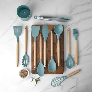 KSENDALO Silicone Cooking Utensils Set, Aqua 12-Piece Kitchen Tools with Holder – Wooden Handle Spatula, Spoon, Turner, Whisk & Tongs, Non-Scratch Heat Resistant for Cooking, Baking & Frying (Worldwide Free Shipping)