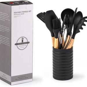 KSENDALO 12-Piece Small Silicone Kitchen Utensils Set with Holder, Black Cooking Tools with Wooden Handles, Heat Resistant & Non-Scratch Utensils for Cooking and Baking (Worldwide Free Shipping)