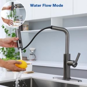 STANFORD Matte Gray Kitchen Faucet with Pull Down Sprayer – Stainless Steel, 3 Spray Modes, 59” Hose, 360° Swivel, Single Handle, Deck Plate Included (Free Shipping Worldwide)