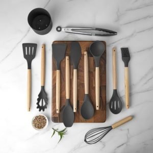 KSENDALO 12-Piece Small Silicone Kitchen Utensils Set with Holder, Black Cooking Tools with Wooden Handles, Heat Resistant & Non-Scratch Utensils for Cooking and Baking (Worldwide Free Shipping)