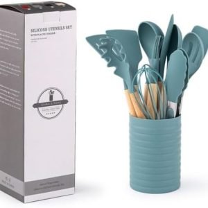 KSENDALO Silicone Cooking Utensils Set, Aqua 12-Piece Kitchen Tools with Holder – Wooden Handle Spatula, Spoon, Turner, Whisk & Tongs, Non-Scratch Heat Resistant for Cooking, Baking & Frying (Worldwide Free Shipping)
