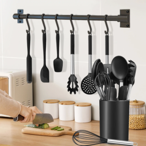 KSENDALO 26-Piece Silicone Cooking Utensils Set – Heat-Resistant BPA-Free Kitchen Tools with Stainless Steel Handles, Utensil Holder, Baking Gadgets, Dishwasher Safe – Black (Free Shipping Worldwide)