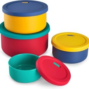 KSENDALO Silicone Food Storage Containers with Lids, Set of 4 (71oz/44oz/23.6oz/13.5oz) – Reusable, Leakproof, Nestable Bowls for Meal Prep, Lunch Box, Travel, Camping, BPA-Free, Multicolor, Microwave & Dishwasher Safe (Free Shipping Worldwide)