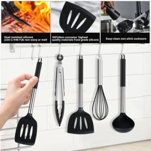 KSENDALO 26-Piece Silicone Cooking Utensils Set – Heat-Resistant BPA-Free Kitchen Tools with Stainless Steel Handles, Utensil Holder, Baking Gadgets, Dishwasher Safe – Black (Free Shipping Worldwide)