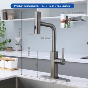 STANFORD Matte Gray Kitchen Faucet with Pull Down Sprayer – Stainless Steel, 3 Spray Modes, 59” Hose, 360° Swivel, Single Handle, Deck Plate Included (Free Shipping Worldwide)