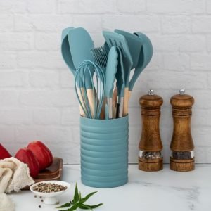 KSENDALO Silicone Cooking Utensils Set, Aqua 12-Piece Kitchen Tools with Holder – Wooden Handle Spatula, Spoon, Turner, Whisk & Tongs, Non-Scratch Heat Resistant for Cooking, Baking & Frying (Worldwide Free Shipping)