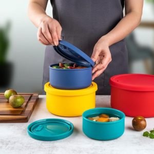KSENDALO Silicone Food Storage Containers with Lids, Set of 4 (71oz/44oz/23.6oz/13.5oz) – Reusable, Leakproof, Nestable Bowls for Meal Prep, Lunch Box, Travel, Camping, BPA-Free, Multicolor, Microwave & Dishwasher Safe (Free Shipping Worldwide)
