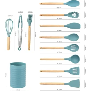KSENDALO 12-Piece Small Silicone Cooking Utensils Set with Aqua Holder – Nonstick Kitchen Tools with Wooden Handles