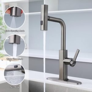 STANFORD Matte Gray Kitchen Faucet with Pull Down Sprayer – Stainless Steel, 3 Spray Modes, 59” Hose, 360° Swivel, Single Handle, Deck Plate Included (Free Shipping Worldwide)