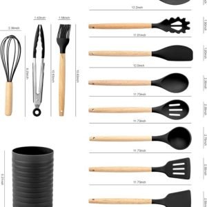 KSENDALO 12-Piece Small Silicone Kitchen Utensils Set with Holder, Black Cooking Tools with Wooden Handles, Heat Resistant & Non-Scratch Utensils for Cooking and Baking (Worldwide Free Shipping)