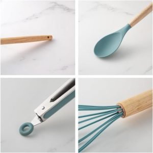 KSENDALO Silicone Cooking Utensils Set, Aqua 12-Piece Kitchen Tools with Holder – Wooden Handle Spatula, Spoon, Turner, Whisk & Tongs, Non-Scratch Heat Resistant for Cooking, Baking & Frying (Worldwide Free Shipping)