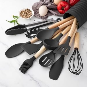 KSENDALO 12-Piece Small Silicone Kitchen Utensils Set with Holder, Black Cooking Tools with Wooden Handles, Heat Resistant & Non-Scratch Utensils for Cooking and Baking (Worldwide Free Shipping)