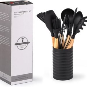 KSENDALO 12-Piece Small Silicone Kitchen Utensils Set with Holder, Black Cooking Tools with Wooden Handles, Heat Resistant & Non-Scratch Utensils for Cooking and Baking (Worldwide Free Shipping)